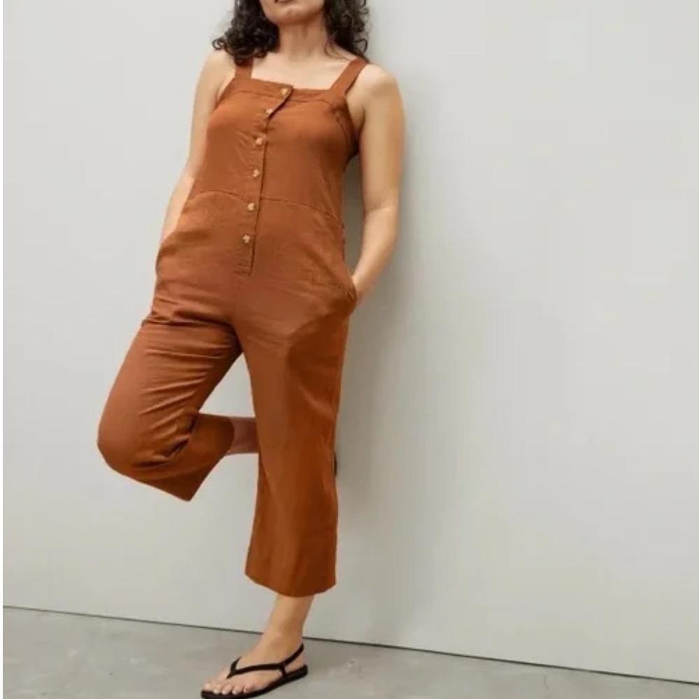 Everlane The Picnic Linen Sleeveless Button Front Jumpsuit Rust Orange Size 8